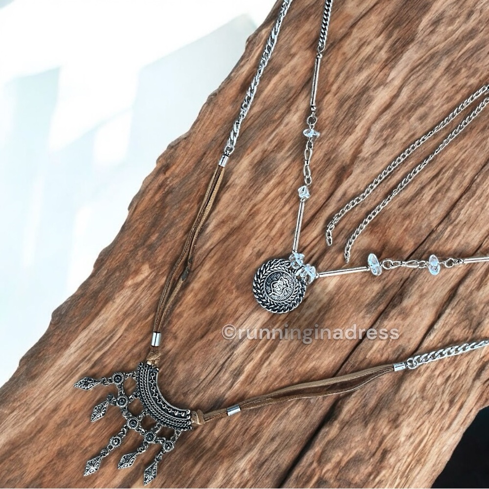 NWT Free People Can't Stand The Rain Layered Necklace Gold Silver & Brown Suede - Picture 9 of 13